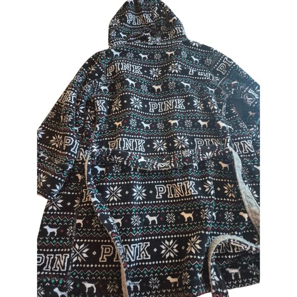 Victorias Secret Pink XS/S Hooded Sherpa-Lined Bathrobe Black Fair Isle Print - Picture 2 of 6